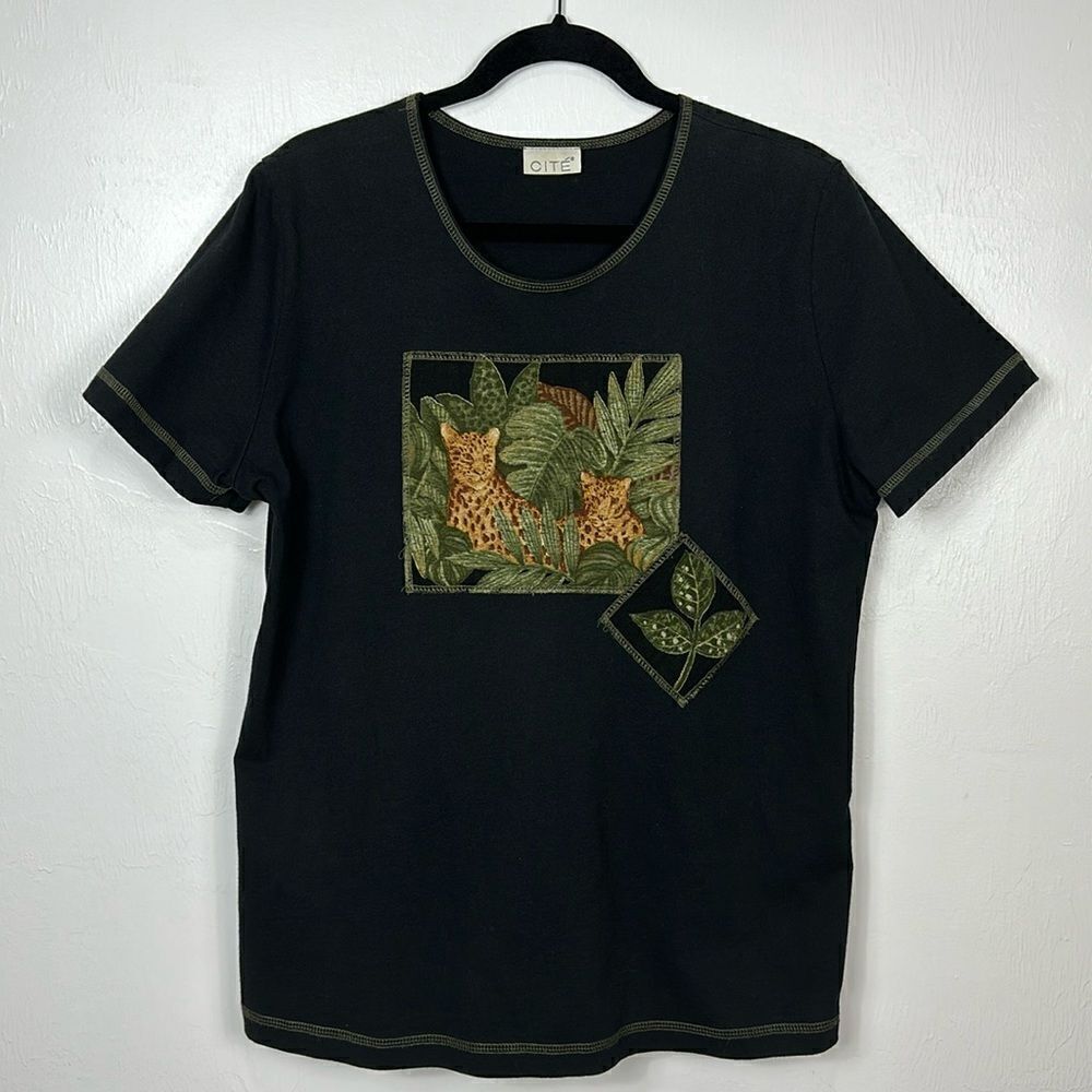 Cite Black Leopard Jungle Print Short Sleeve Crew Neck T-shirt Size M